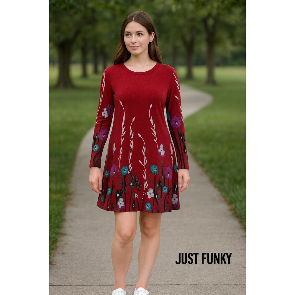 Just Funky Red Flowered Vintage Look Dress Sz. L